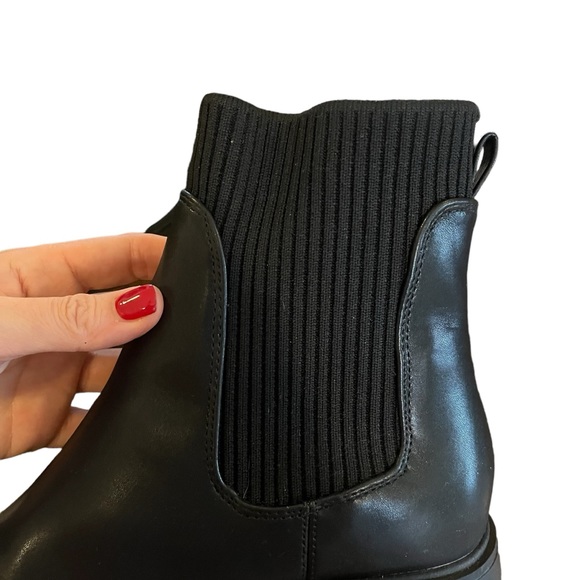 New lug sole block heel Chelsea combat boots black faux leather rubber elastic - Picture 9 of 11